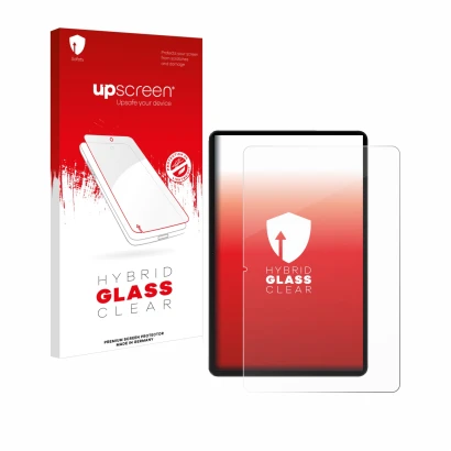 Parte frontal de un envase de producto con el logotipo de la marca upscreen. Al lado se muestra el dispositivo Honor Pad 9 con