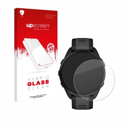 Parte frontal de un envase de producto con el logotipo de la marca upscreen. Al lado se muestra el dispositivo Garmin Forerunn