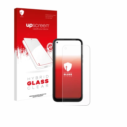 Parte frontal de un envase de producto con el logotipo de la marca upscreen. Al lado se muestra el dispositivo Gigaset GX6 Pro