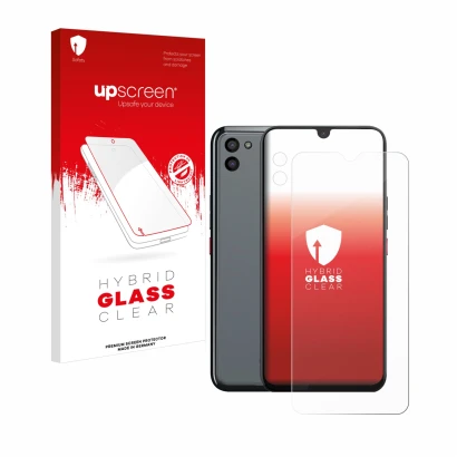 Parte frontal de un envase de producto con el logotipo de la marca upscreen. Al lado se muestra el dispositivo Gigaset GS5 PRO
