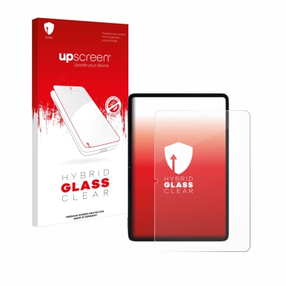 Parte frontal de un envase de producto con el logotipo de la marca upscreen. Al lado se muestra el dispositivo Xiaomi Pad 6S P