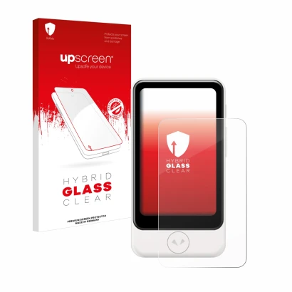 Parte frontal de un envase de producto con el logotipo de la marca upscreen. Al lado se muestra el dispositivo Pocketalk Plus