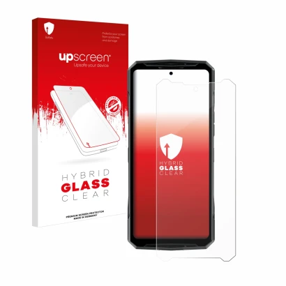 Parte frontal de un envase de producto con el logotipo de la marca upscreen. Al lado se muestra el dispositivo Doogee DK10 con