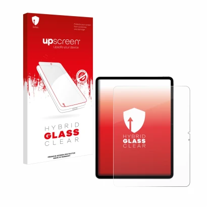 Parte frontal de un envase de producto con el logotipo de la marca upscreen. Al lado se muestra el dispositivo Apple iPad Air 