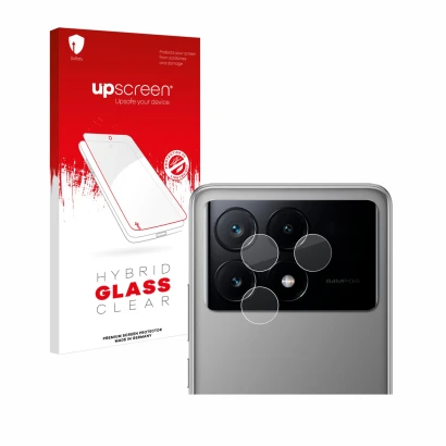 Parte frontal de un envase de producto con el logotipo de la marca upscreen. Al lado se muestra el dispositivo Xiaomi Poco X6 