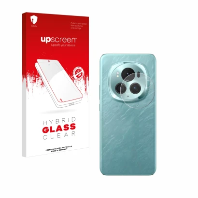 Parte frontal de un envase de producto con el logotipo de la marca upscreen. Al lado se muestra el dispositivo Honor Magic 6 P