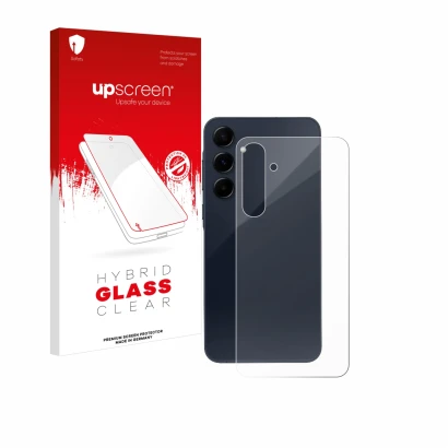 Parte frontal de un envase de producto con el logotipo de la marca upscreen. Al lado se muestra el dispositivo Samsung Galaxy 