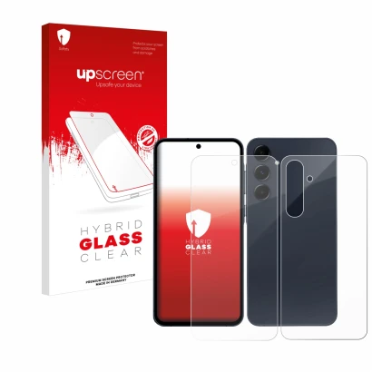 Parte frontal de un envase de producto con el logotipo de la marca upscreen. Al lado se muestra el dispositivo Samsung Galaxy 