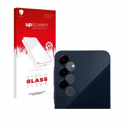 Parte frontal de un envase de producto con el logotipo de la marca upscreen. Al lado se muestra el dispositivo Samsung Galaxy 