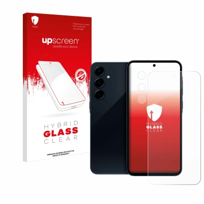 Parte frontal de un envase de producto con el logotipo de la marca upscreen. Al lado se muestra el dispositivo Samsung Galaxy 
