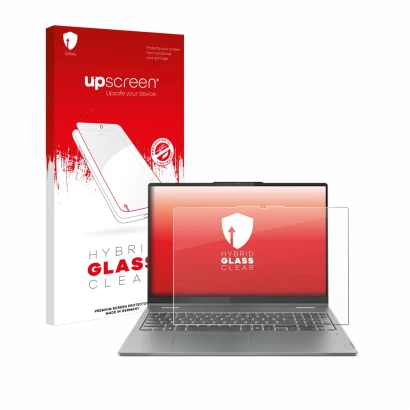 Parte frontal de un envase de producto con el logotipo de la marca upscreen. Al lado se muestra el dispositivo Lenovo IdeaPad