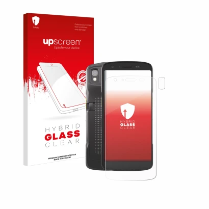 Parte frontal de un envase de producto con el logotipo de la marca upscreen. Al lado se muestra el dispositivo Zebra TC22 (Fro
