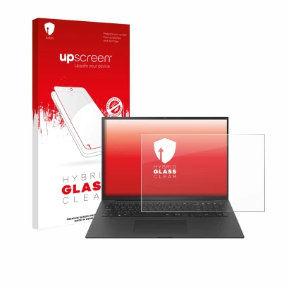 Parte frontal de un envase de producto con el logotipo de la marca upscreen. Al lado se muestra el dispositivo LG gram Pro 17 