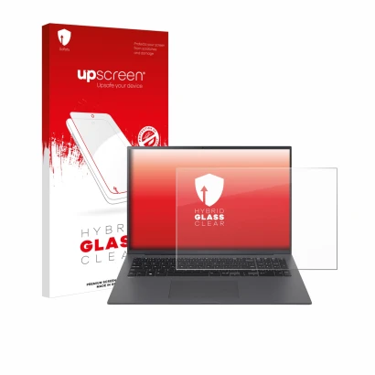 Parte frontal de un envase de producto con el logotipo de la marca upscreen. Al lado se muestra el dispositivo LG gram 17" 202