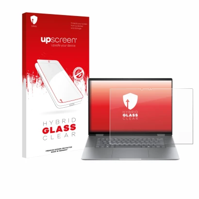 Parte frontal de un envase de producto con el logotipo de la marca upscreen. Al lado se muestra el dispositivo HP Envy x360 2-