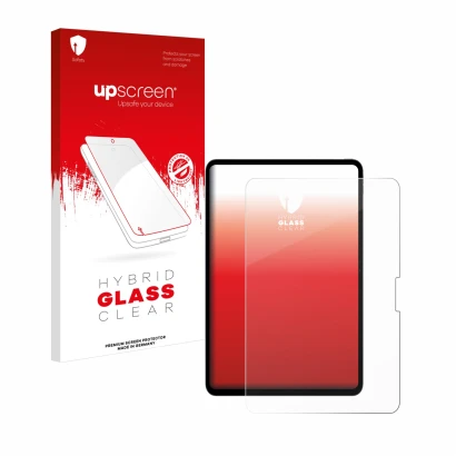 Parte frontal de un envase de producto con el logotipo de la marca upscreen. Al lado se muestra el dispositivo Apple iPad Pro 