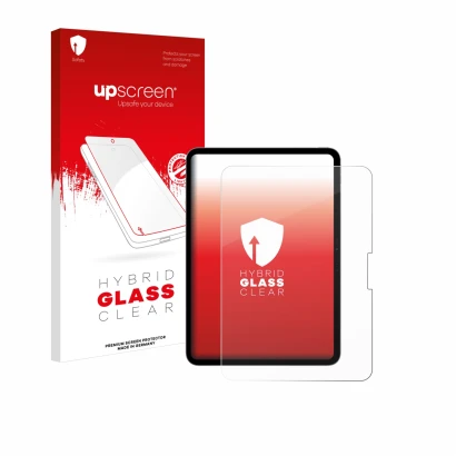 Parte frontal de un envase de producto con el logotipo de la marca upscreen. Al lado se muestra el dispositivo Apple iPad Pro 