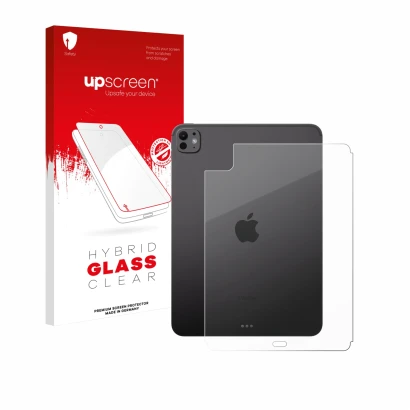 Parte frontal de un envase de producto con el logotipo de la marca upscreen. Al lado se muestra el dispositivo Apple iPad Pro