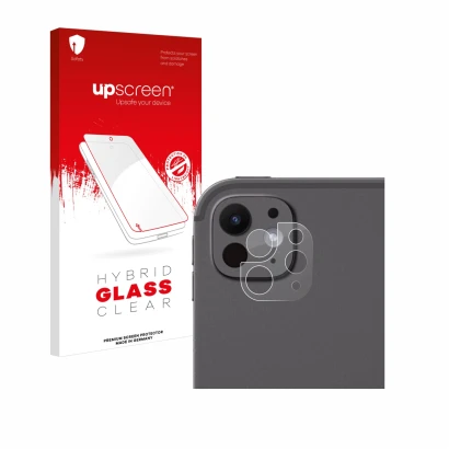 Parte frontal de un envase de producto con el logotipo de la marca upscreen. Al lado se muestra el dispositivo Apple iPad Pro 