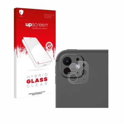 Parte frontal de un envase de producto con el logotipo de la marca upscreen. Al lado se muestra el dispositivo Apple iPad Pro