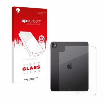 Parte frontal de un envase de producto con el logotipo de la marca upscreen. Al lado se muestra el dispositivo Apple iPad Pro 