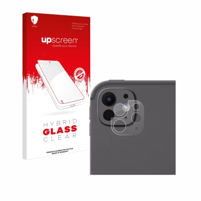 Parte frontal de un envase de producto con el logotipo de la marca upscreen. Al lado se muestra el dispositivo Apple iPad Pro 