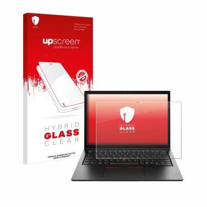 Parte frontal de un envase de producto con el logotipo de la marca upscreen. Al lado se muestra el dispositivo Lenovo ThinkPad