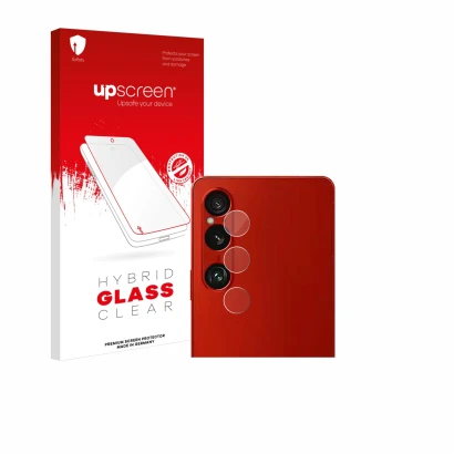 Parte frontal de un envase de producto con el logotipo de la marca upscreen. Al lado se muestra el dispositivo Sony Xperia 1 V