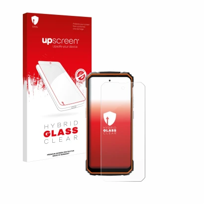 Parte frontal de un envase de producto con el logotipo de la marca upscreen. Al lado se muestra el dispositivo Blackview BV810