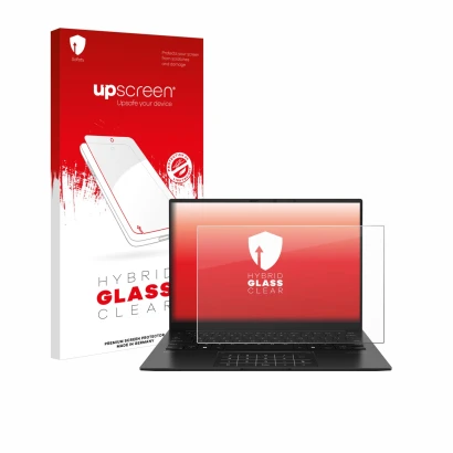 Parte frontal de un envase de producto con el logotipo de la marca upscreen. Al lado se muestra el dispositivo ASUS ZenBook 14