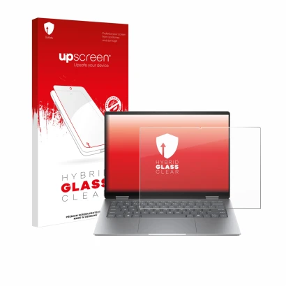 Parte frontal de un envase de producto con el logotipo de la marca upscreen. Al lado se muestra el dispositivo HP Envy x360 14