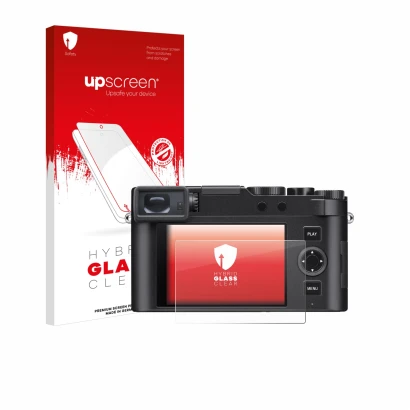 Parte frontal de un envase de producto con el logotipo de la marca upscreen. Al lado se muestra el dispositivo Leica D-Lux 8 c