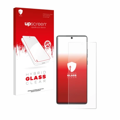 Parte frontal de un envase de producto con el logotipo de la marca upscreen. Al lado se muestra el dispositivo Motorola Moto G