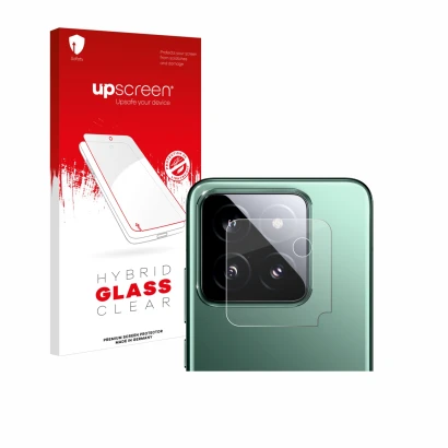 Parte frontal de un envase de producto con el logotipo de la marca upscreen. Al lado se muestra el dispositivo Xiaomi 14 (SÓLO