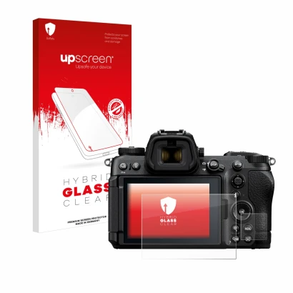 Parte frontal de un envase de producto con el logotipo de la marca upscreen. Al lado se muestra el dispositivo Nikon Z6 III co