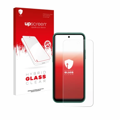 Parte frontal de un envase de producto con el logotipo de la marca upscreen. Al lado se muestra el dispositivo Nokia XR21 Limi
