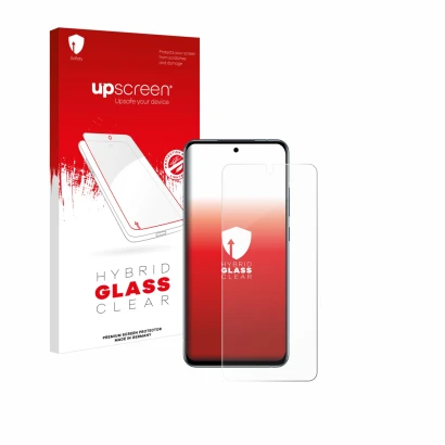 Parte frontal de un envase de producto con el logotipo de la marca upscreen. Al lado se muestra el dispositivo Nokia X30 5G co