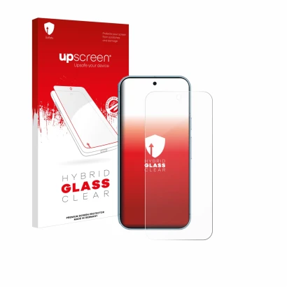 Parte frontal de un envase de producto con el logotipo de la marca upscreen. Al lado se muestra el dispositivo Google Pixel 9 