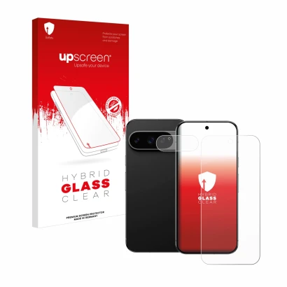 Parte frontal de un envase de producto con el logotipo de la marca upscreen. Al lado se muestra el dispositivo Google Pixel 9 