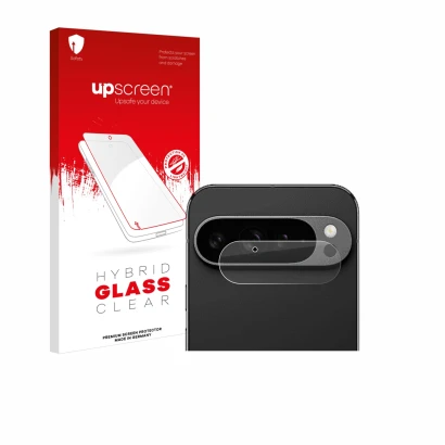 Parte frontal de un envase de producto con el logotipo de la marca upscreen. Al lado se muestra el dispositivo Google Pixel 9 