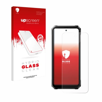 Parte frontal de un envase de producto con el logotipo de la marca upscreen. Al lado se muestra el dispositivo Blackview BL900