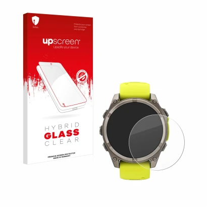 Parte frontal de un envase de producto con el logotipo de la marca upscreen. Al lado se muestra el dispositivo Garmin Fenix 8