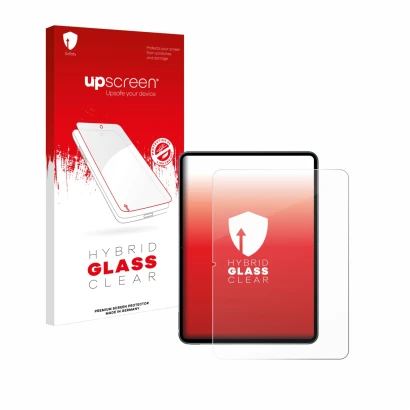 Parte frontal de un envase de producto con el logotipo de la marca upscreen. Al lado se muestra el dispositivo OnePlus Pad 2 (