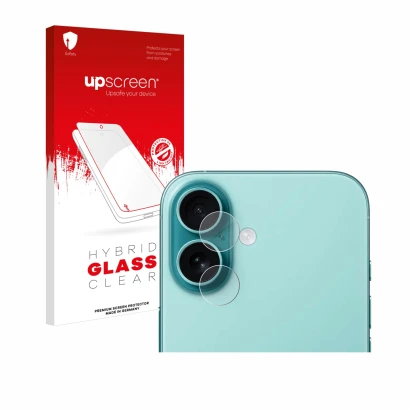 Parte frontal de un envase de producto con el logotipo de la marca upscreen. Al lado se muestra el dispositivo Apple iPhone 16