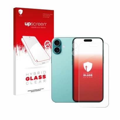 Parte frontal de un envase de producto con el logotipo de la marca upscreen. Al lado se muestra el dispositivo Apple iPhone 16