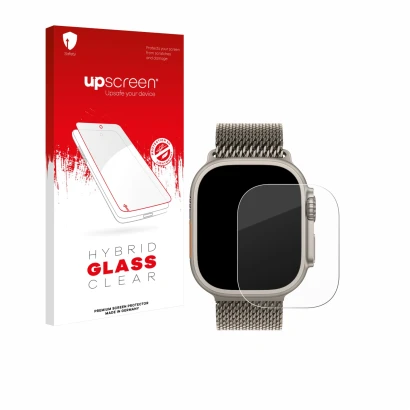 Parte frontal de un envase de producto con el logotipo de la marca upscreen. Al lado se muestra el dispositivo Apple Watch Ult