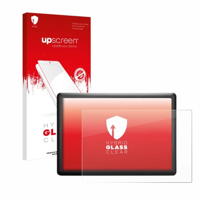 Parte frontal de un envase de producto con el logotipo de la marca upscreen. Al lado se muestra el dispositivo Wacom One S CTL