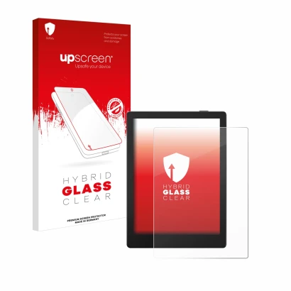 Parte frontal de un envase de producto con el logotipo de la marca upscreen. Al lado se muestra el dispositivo Boox Go 6 con s