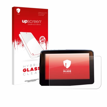 Parte frontal de un envase de producto con el logotipo de la marca upscreen. Al lado se muestra el dispositivo Mazda 2 BJ 2024