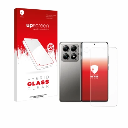 Parte frontal de un envase de producto con el logotipo de la marca upscreen. Al lado se muestra el dispositivo Xiaomi 14T Pro 
